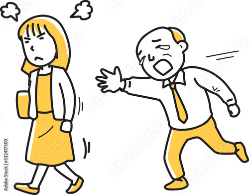 怒る女性を追いかけるおじさん