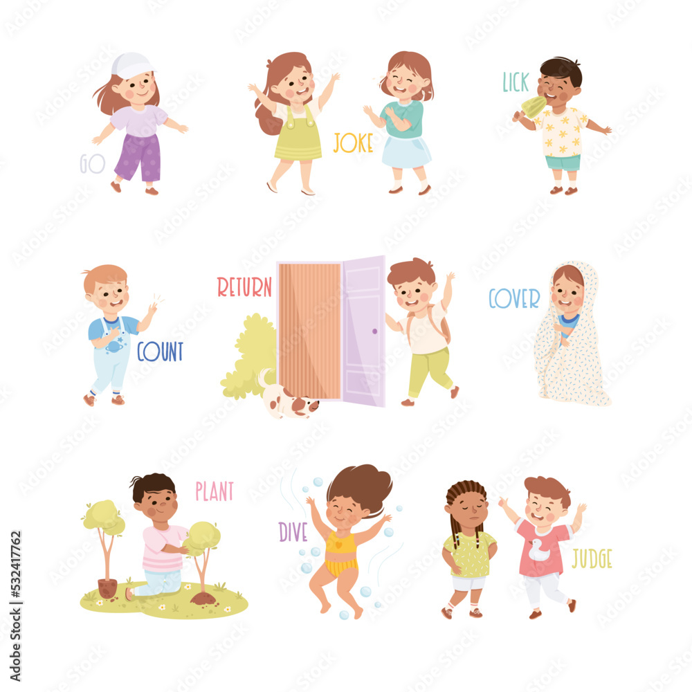 Verbs Study with Little Kids Doing Different Activity Demonstrating Vocabulary Vector Set Verbs Study with Little Kids Doing Different Activity Demonstrating Vocabulary Vector Set