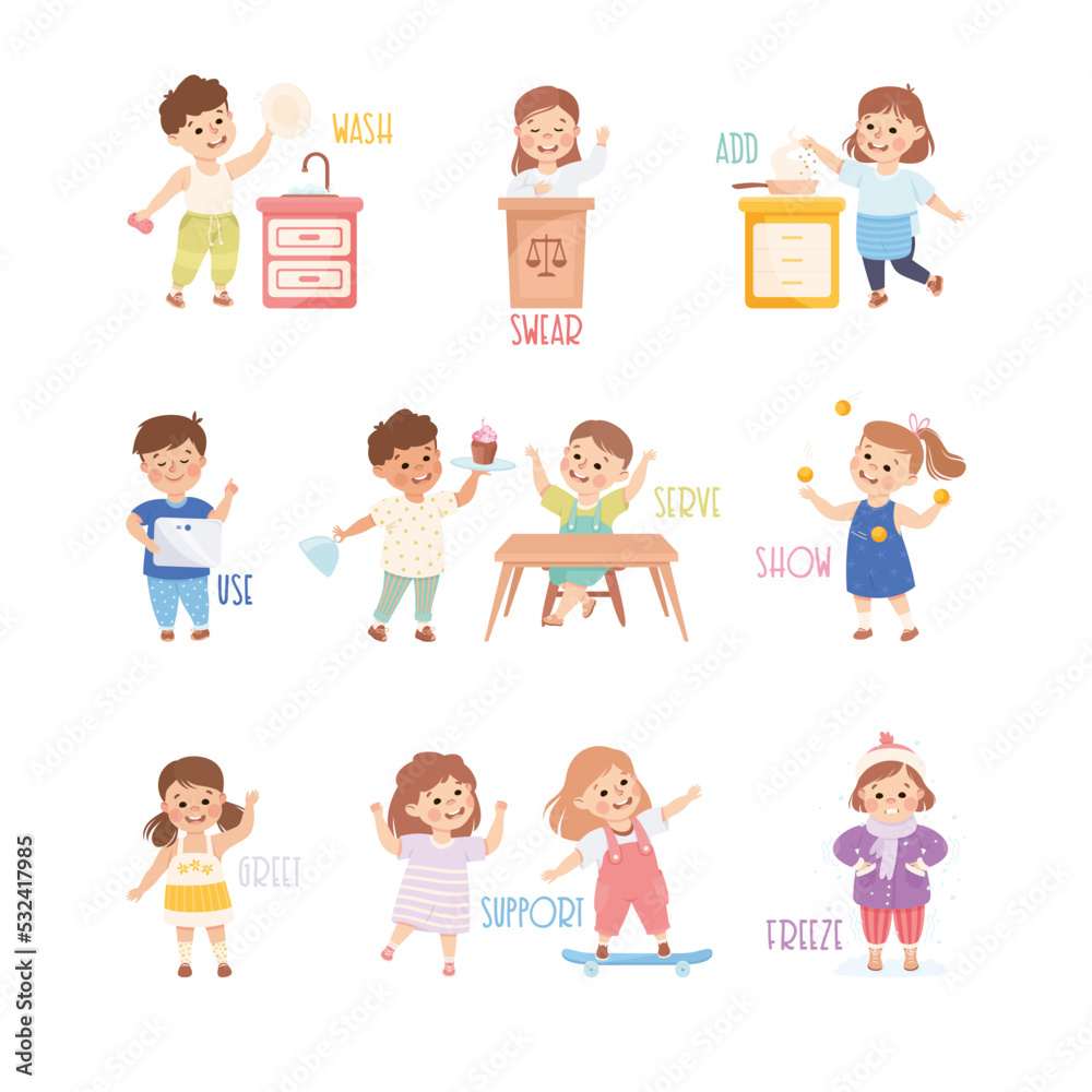 Verbs Study with Little Kids Doing Different Activity Demonstrating Vocabulary Vector Set Verbs Study with Little Kids Doing Different Activity Demonstrating Vocabulary Vector Set