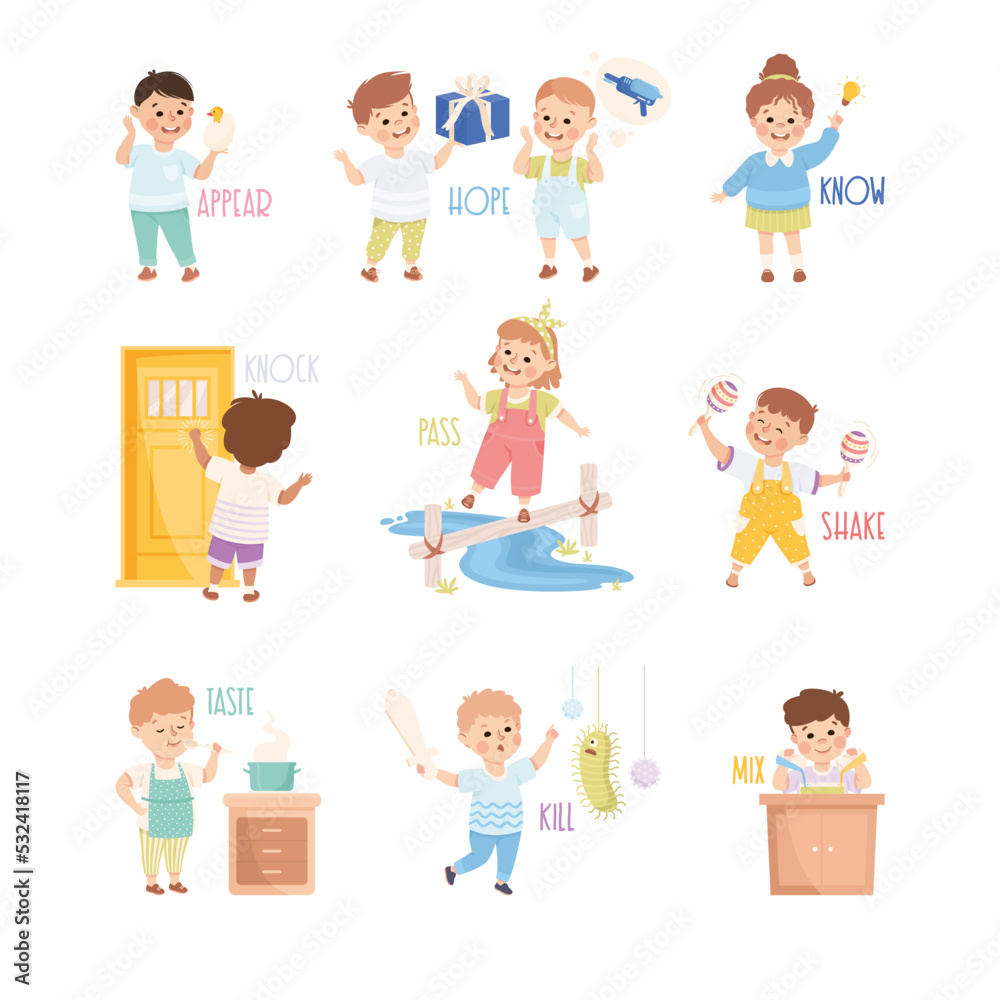 Verbs Study with Little Kids Doing Different Activity Demonstrating Vocabulary Vector Set