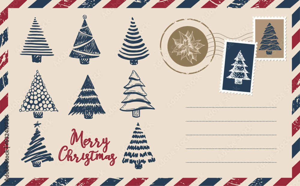 Christmas mail, postcard, hand drawn illustration.