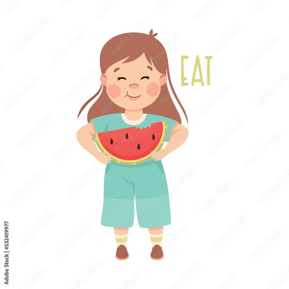 Little Girl Eating Juicy Watermelon Demonstrating Vocabulary and Verb Studying Vector Illustration