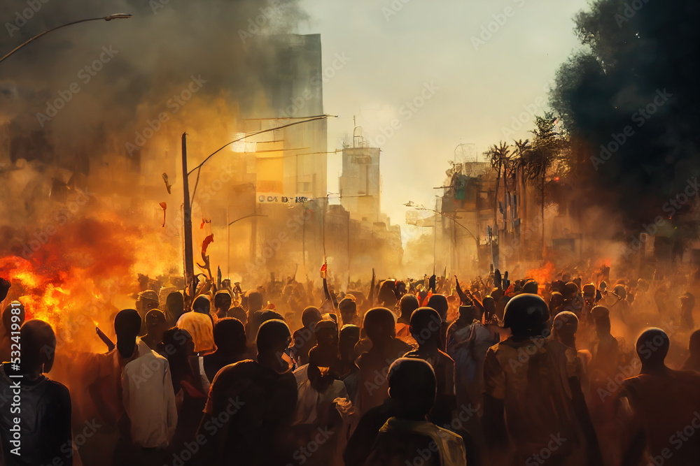 Concept art of riots in an African city. Streets on fire, silhouettes of angry people protesting in a revolution. Wallpaper background showing mob violence and destruction in this digital artwork. - obrazy, fototapety, plakaty 