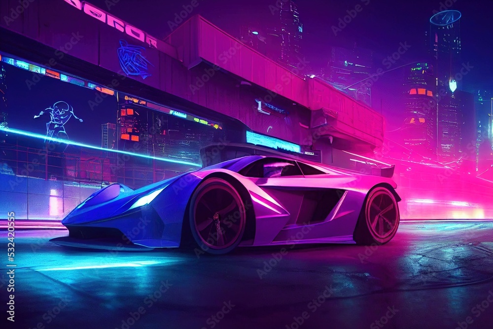 Tuned Sport Car , cyberpunk Retro Sports Car On Neon Highway. Powerful ...