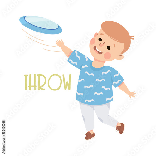 Little Boy Throwing Frisbee Demonstrating Vocabulary and Verb Studying Vector Illustration
