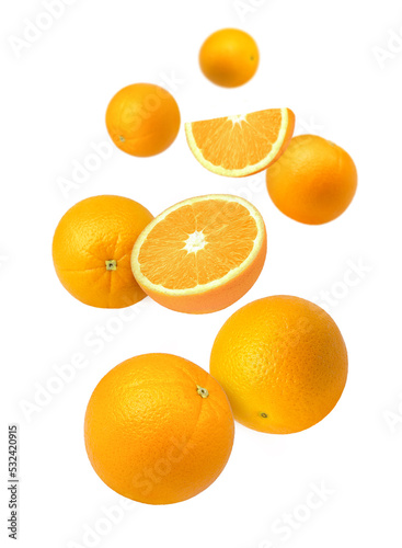 Orange fruit with cut half slice  levitate isolated on white background.