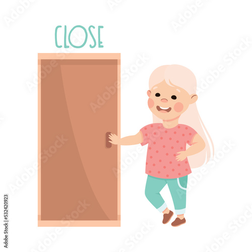 Little Blond Girl Closing Door Demonstrating Vocabulary and Verb Studying Vector Illustration