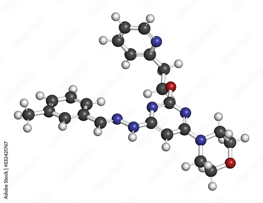 Apilimod drug molecule (PIKfyve inhibitor), 3D rendering. Apilimod drug molecule (PIKfyve inhibitor), 3D rendering.