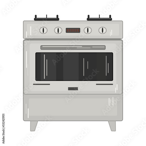 Kitchen stove isolated on white background. Grey gas cooker stove with oven. Household equipment for preparing food, cooking. Cook appliance front view. Stock vector illustration