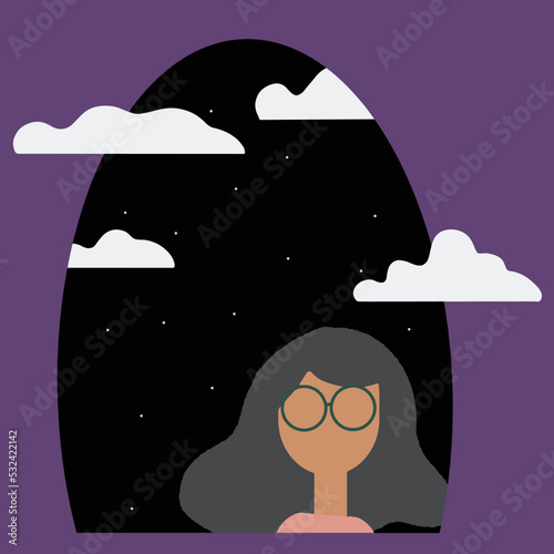 girl at the window at night stars in the sky clouds