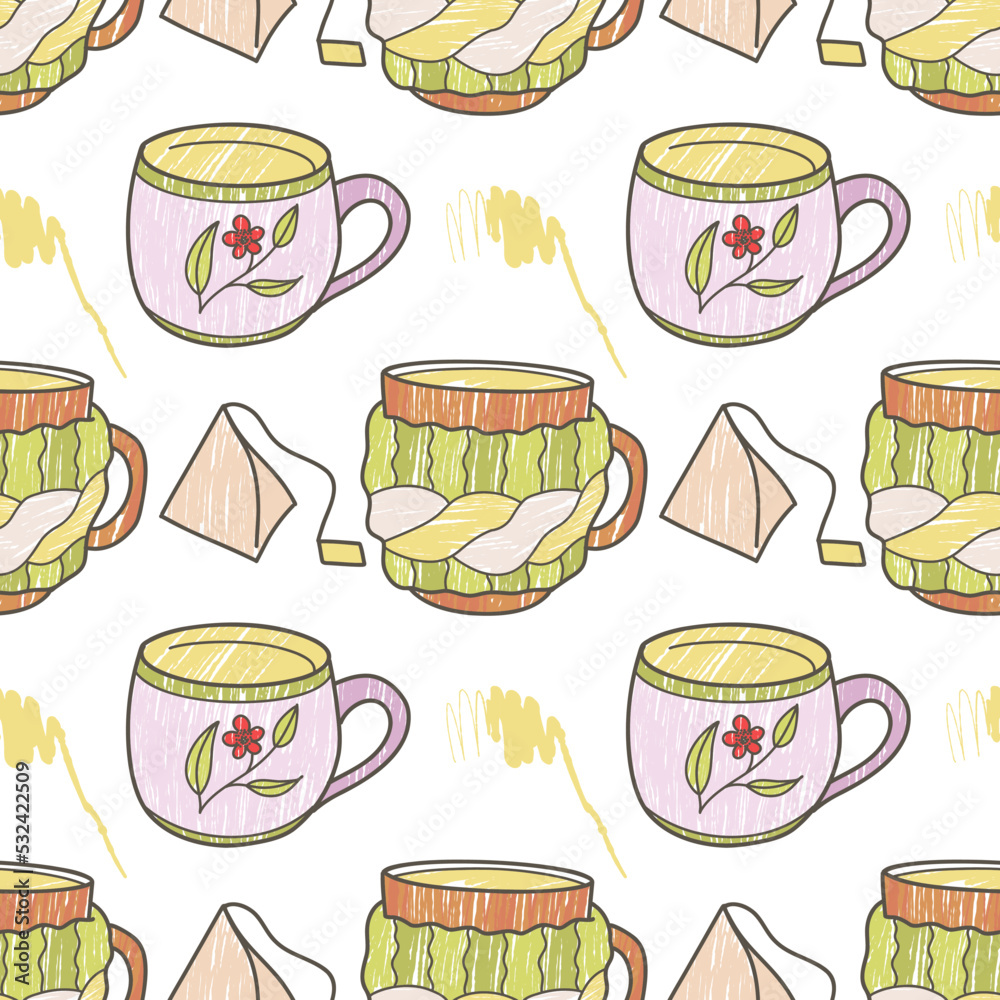 vector seamless pattern on the fun cups for tea and coffee