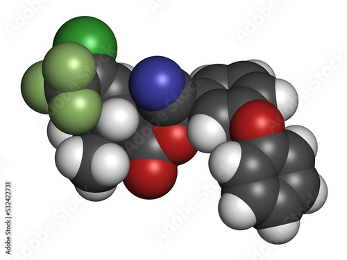 Cyhalothrin insecticide molecule, 3D rendering.