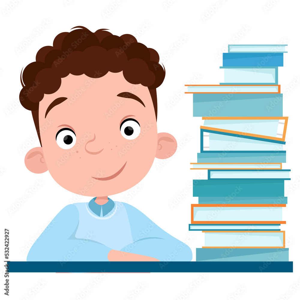 Curly cute boy pupil smiling and book side views Curly cute boy pupil smiling and book side views