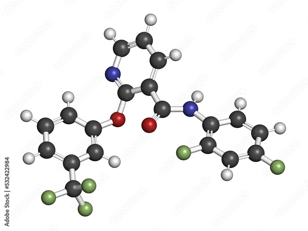 Diflufenican herbicide molecule, 3D rendering. Diflufenican herbicide molecule, 3D rendering.