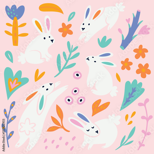 Collection of white rabbits, flowers and leaves in flat vector