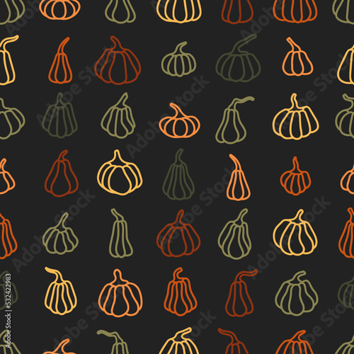 Seamless pumpkins pattern. Abstract background with hand drawn doodle shapes.