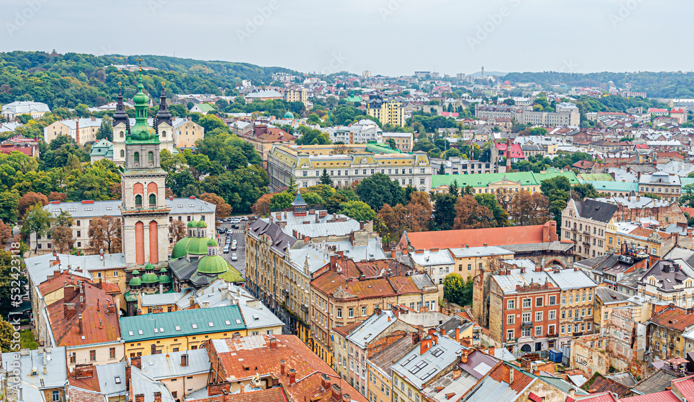 Panorama of the old city in Lviv, Ukraine.