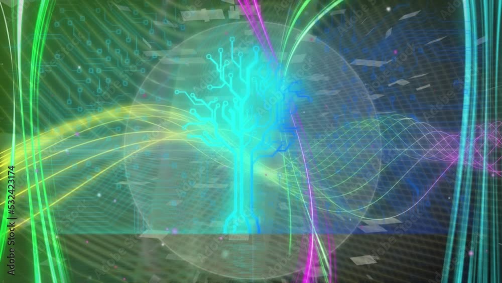 Animation of light trails over computer circuit board on black background Animation of light trails over computer circuit board on black background