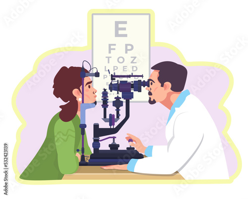 Ophthalmologist checking patient’s eyesight using slit lamp. Eye doctors, oculists. Appointment. Eye care. Checkup. Flat vector illustration. photo