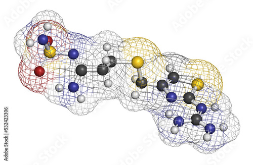 Famotidine drug molecule, 3D rendering. photo