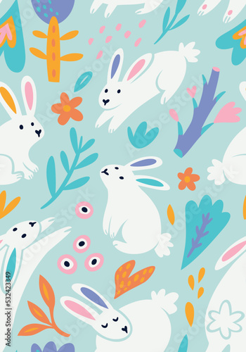 Seamless pattern with white rabbits and leaves. Vector flat illustration © penguin_house