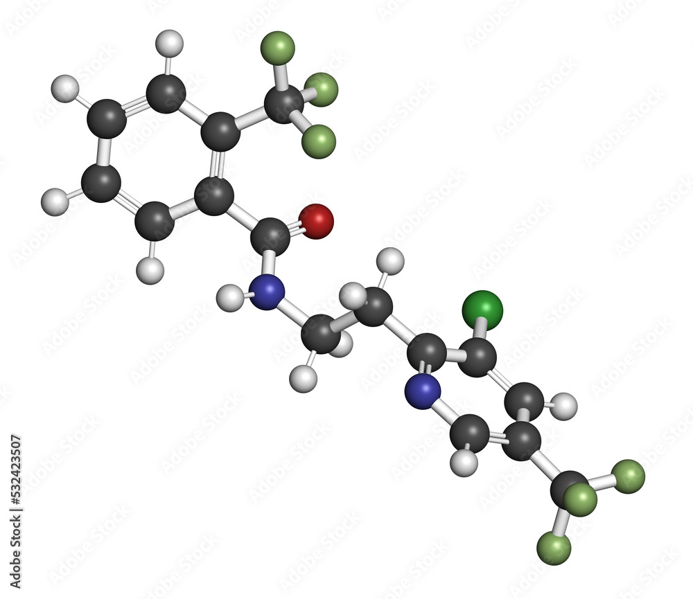 Fluopyram fungicide molecule, 3D rendering. Fluopyram fungicide molecule, 3D rendering.