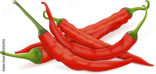Group of Cayenne peppers for banners, flyers, posters, and social media. Ginnie peppers. Chili peppers. Fresh organic vegetables. Vector illustration isolated on white background.
