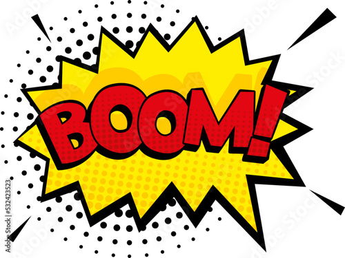 Boom colorful sticker in comic explosion style. Splash frame