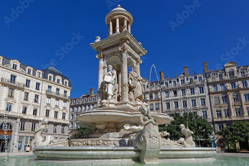 LYON, FRANCE, September 21, 2022 : Fountain in Place des Jacobins, in the World Heritage Site city center, and one of the most famous place in Lyon.