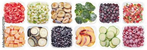 Plastic containers with chopped vegetables. Top view of raw vegetables (zucchini, carrots, bell peppers, eggplants, peaches, corn, blackberry, raspberry ) isolated on white background