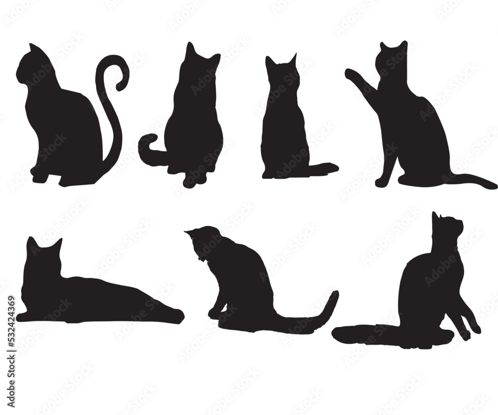 Cats collection - vector silhouette, Cat silhouette, Vector isolated cat silhouette, cat logo,  print, decorative sticker, Cats, Isolated On White Background, Cat silhouette collection