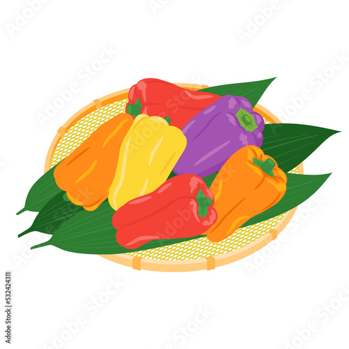 野菜イラスト　かごに盛った、たくさんのカラーピーマン