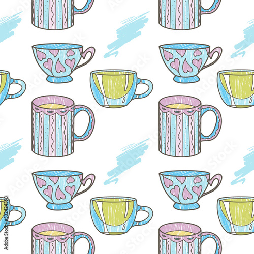 vector seamless pattern on the fun cups for tea and coffee
