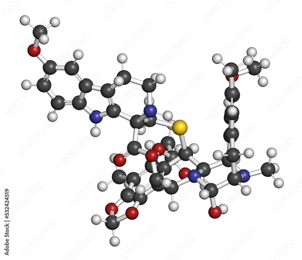 Lurbinectedin cancer drug molecule, 3D rendering. Lurbinectedin cancer drug molecule, 3D rendering.