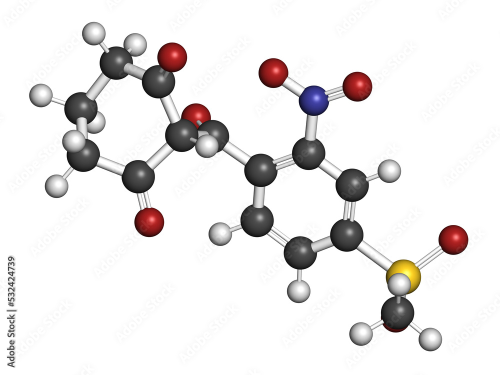 Mesotrione herbicide molecule, 3D rendering.