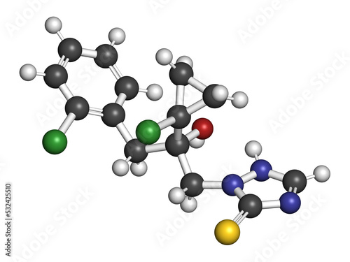 Prothioconazole fungicide molecule, 3D rendering.