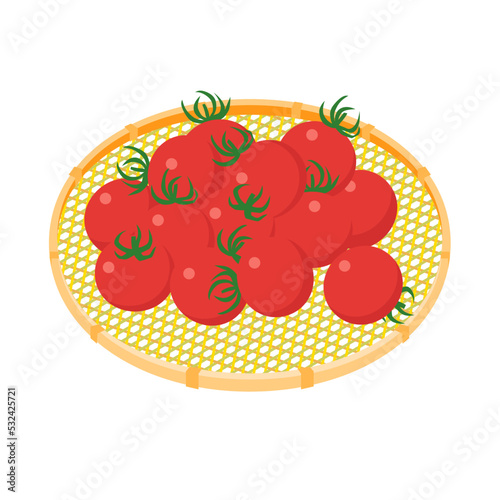 野菜イラスト　かごに盛った、たくさんのミニトマト
