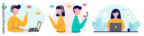 Customer service, online help, call center. Set of illustrations.