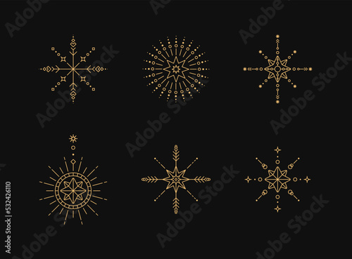 Snowflake line art. Abstract minimal boho linear symbols. Celestial mystic element. Vector line art illustration.