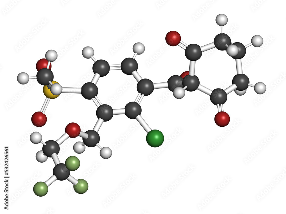 Tembotrione herbicide molecule, 3D rendering. Tembotrione herbicide molecule, 3D rendering.
