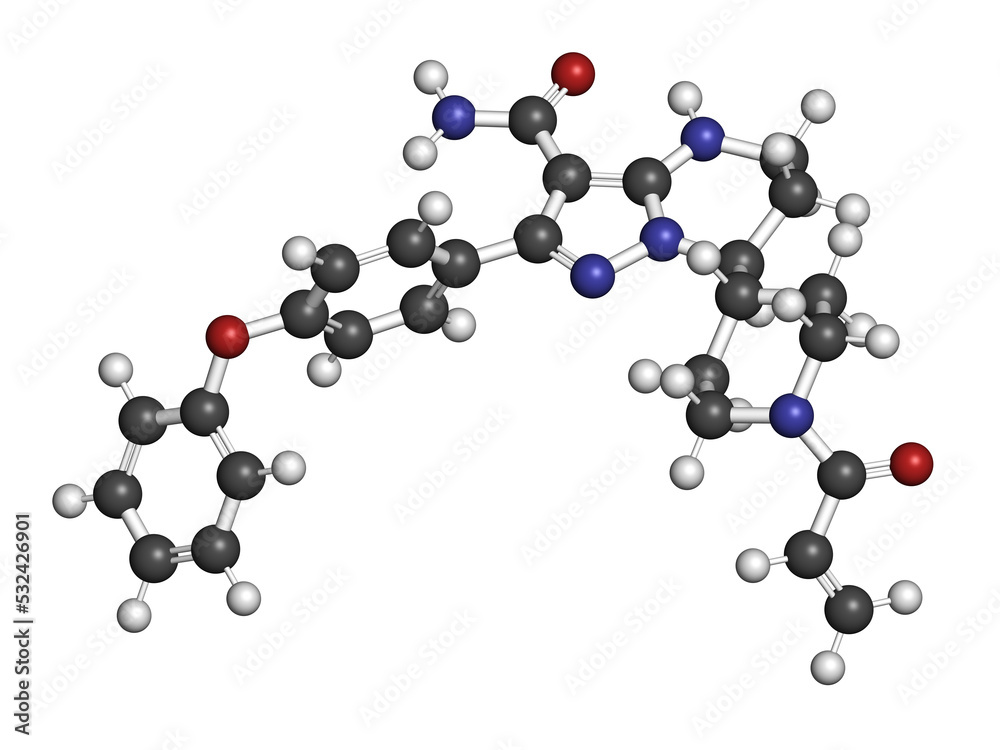 Zanubrutinib cancer drug molecule, 3D rendering.
