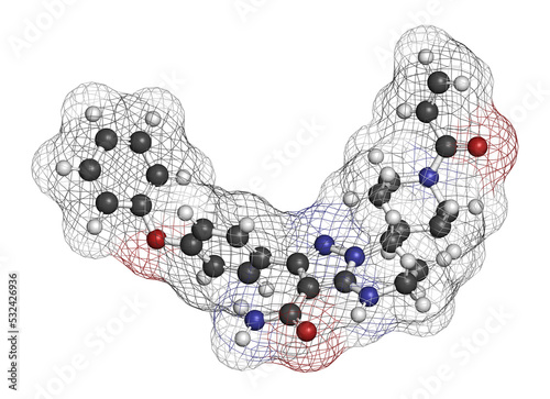 Zanubrutinib cancer drug molecule, 3D rendering. photo