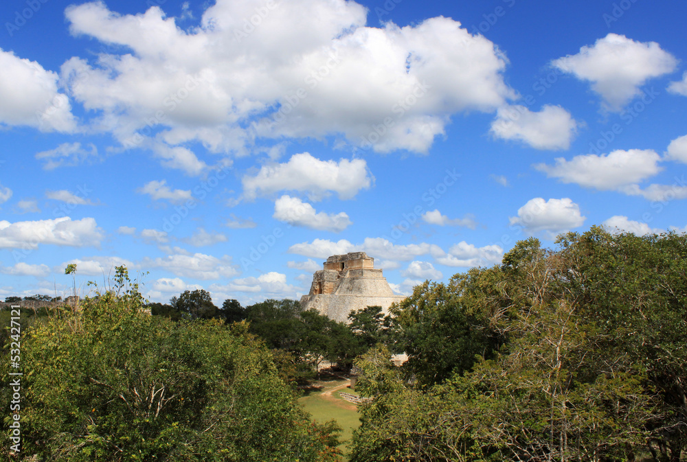 Pyramid of the Magician, a historical Archeological site in Uxmal, near Mérida. Ancient Mayan city ruins, representative of the Puuc architectural style, in Yucatán Peninsula, Mexico.