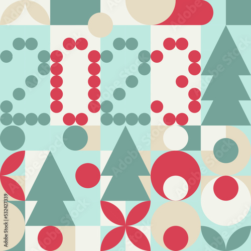New 2023 year - trendy colored mosaic texture for textiles and wallpapers. Geometric seamless pattern with winter patterns, Christmas trees in scandinavian style.