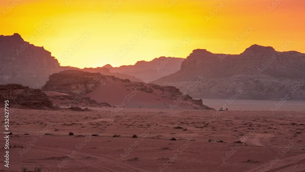 Timelapse Wadi Rum desert at sunset time in Jordan. Timelapse Wadi Rum desert at sunset time in Jordan.