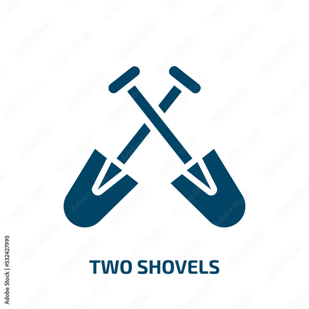 two shovels icon from construction collection. Filled two shovels, shovel, two glyph icons isolated on white background. Black vector two shovels sign, symbol for web design and mobile apps two shovels icon from construction collection. Filled two shovels, shovel, two glyph icons isolated on white background. Black vector two shovels sign, symbol for web design and mobile apps