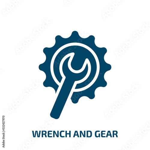 wrench and gear icon from construction collection. Filled wrench and gear, wrench, tool glyph icons isolated on white background. Black vector wrench and gear sign, symbol for web design and mobile