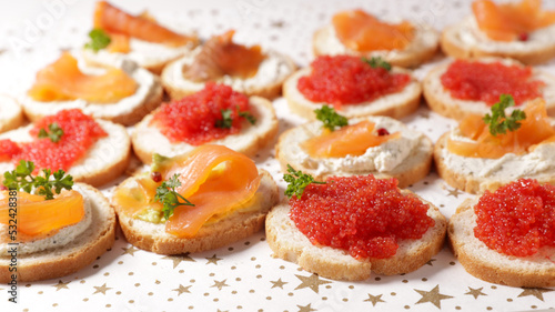 festive canape toast with caviar or salmon