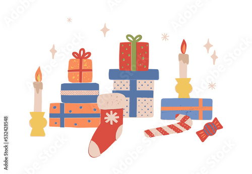 Christmas, New Year, Winter Holidays retro greeting card. Christmas stocking, candles, gift boxes, candy cane