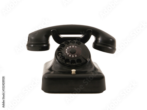 Old black classic retro phone with dial  isolated on transparency photo png file 
